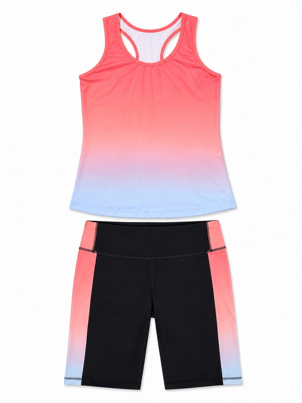 LIVI Lane Bryant Activewear Set 22/24 Ombre Orange/Blue/Black Tank & Bike Shorts